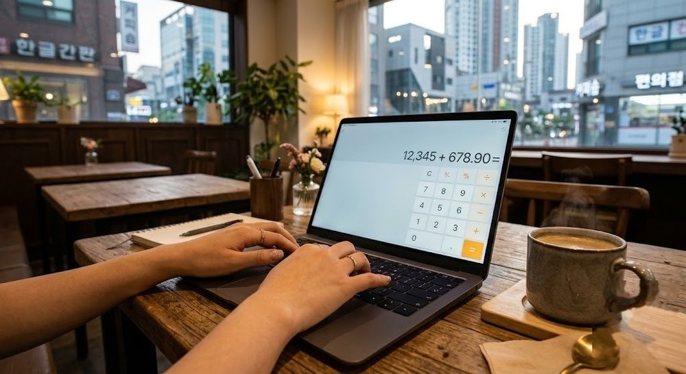 노트북으로 최저임금 계산기를 이용해 월급을 계산하는 모습