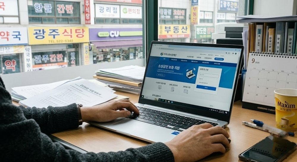 노트북으로 지역신용보증재단 홈페이지를 조회하는 손