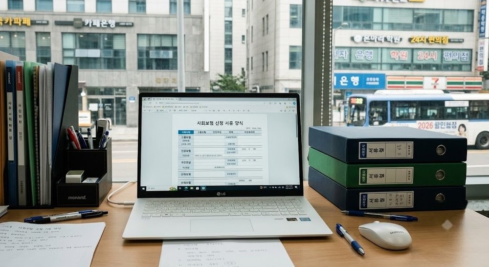 노트북 화면에 사회보험 신청 서류가 떠 있는 사무실 책상