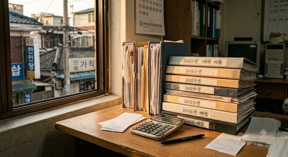 영수증과 세금계산서가 철해진 바인더와 돋보기