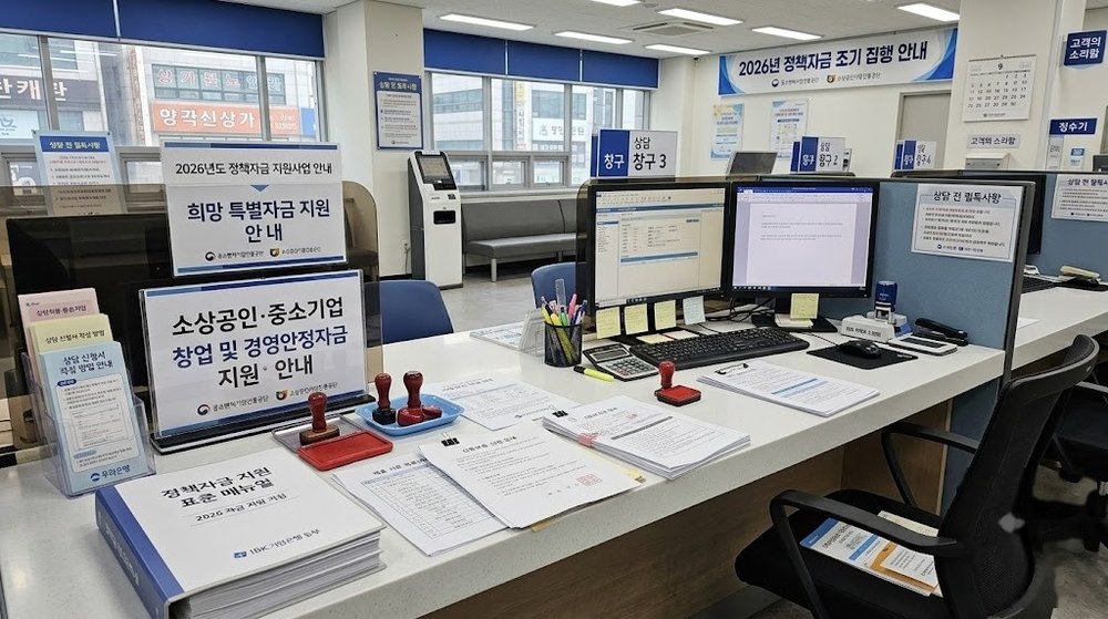 청년전용창업자금 상담 창구의 서류철과 안내판